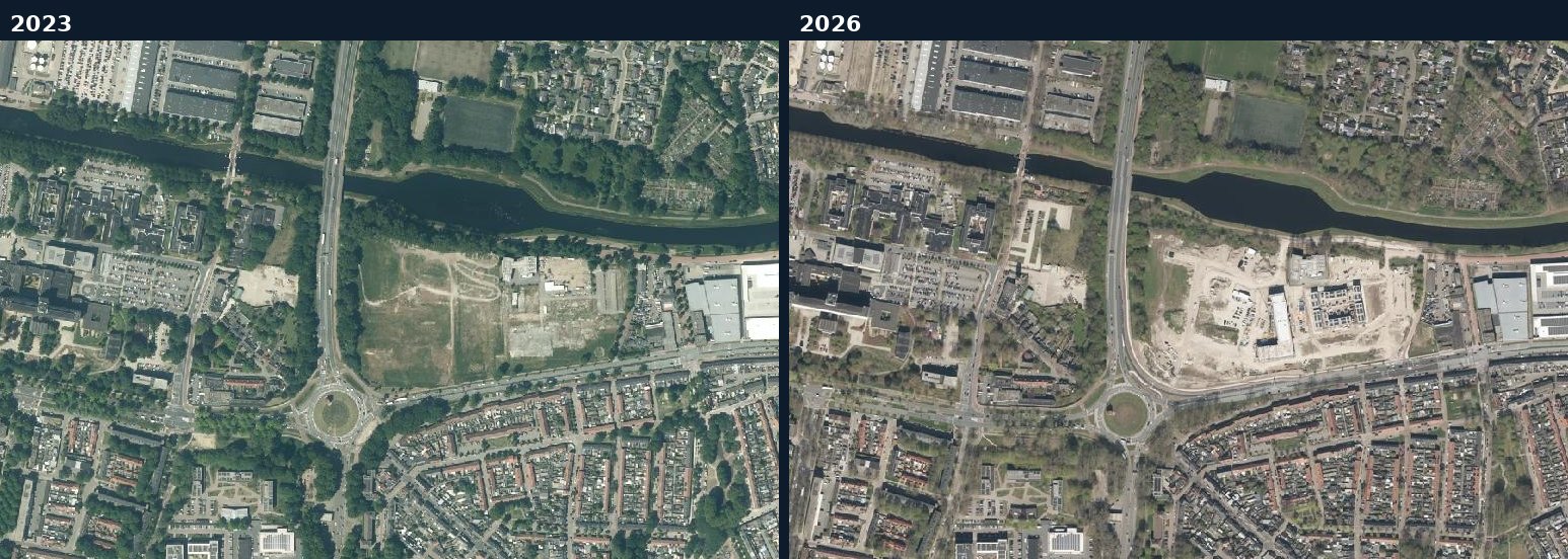 Luchtfoto van een bouwlocatie in Tilburg in 2023 en 2026