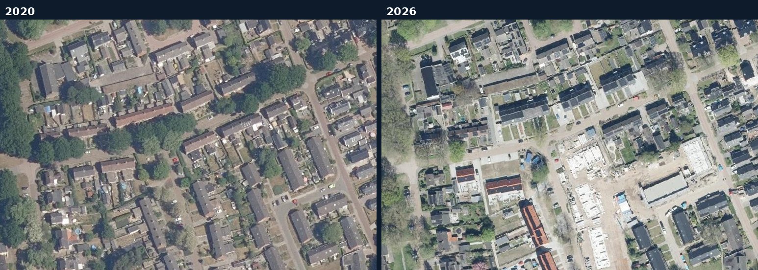 Luchtfoto van een bouwlocatie in Tynaarlo in 2020 en 2026