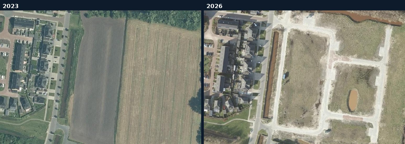 Luchtfoto van een bouwlocatie in Tytsjerksteradiel in 2023 en 2026