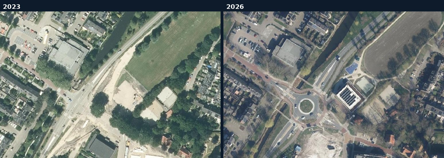 Luchtfoto van een bouwlocatie in Uitgeest in 2023 en 2026