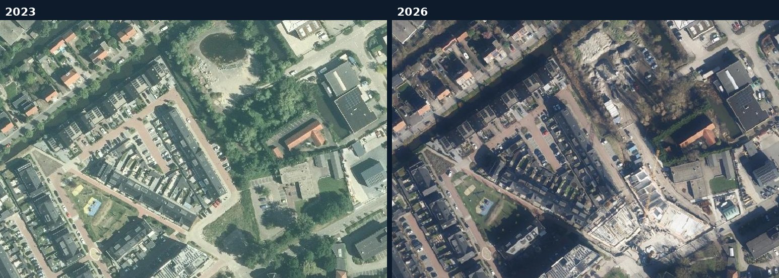 Luchtfoto van een bouwlocatie in Uithoorn in 2023 en 2026