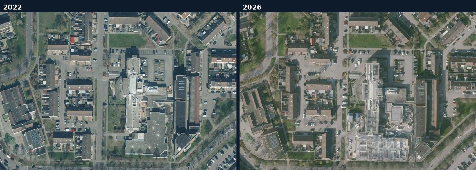 Luchtfoto van een bouwlocatie in Urk in 2022 en 2026
