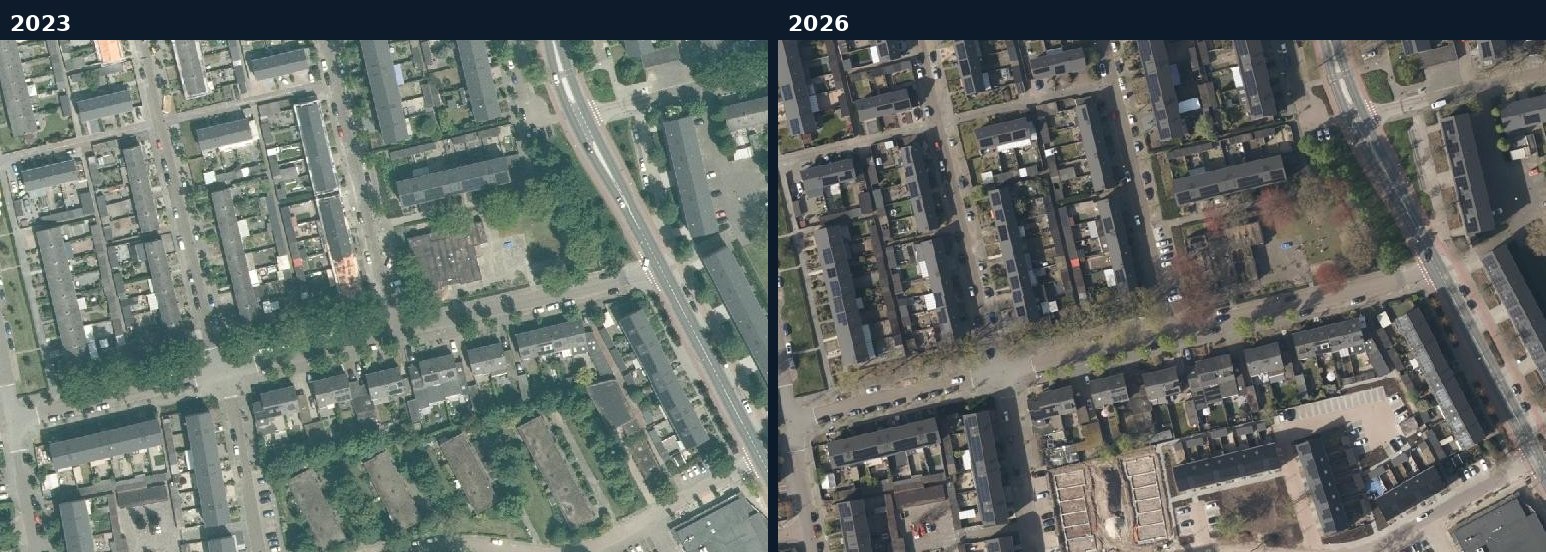 Luchtfoto van een bouwlocatie in Valkenswaard in 2023 en 2026