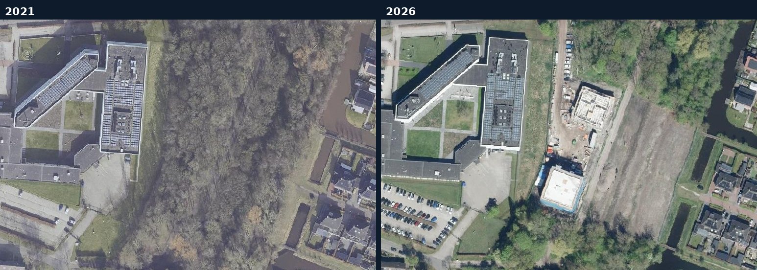 Luchtfoto van een bouwlocatie in Veendam in 2021 en 2026