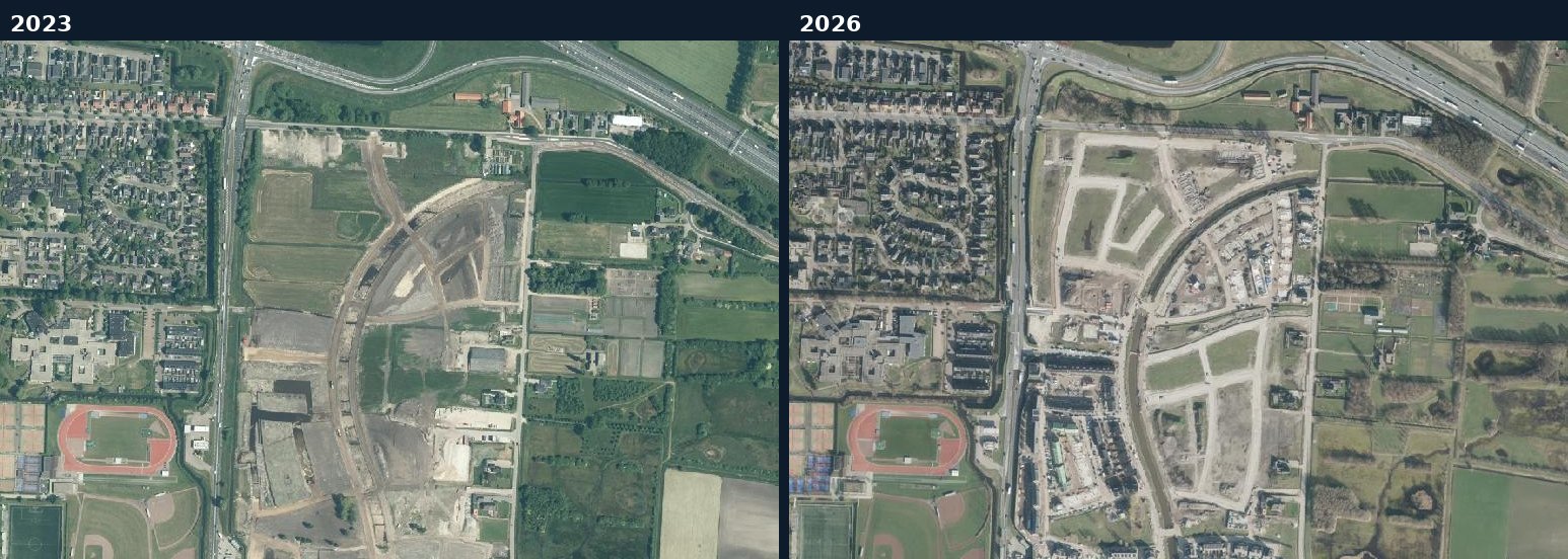 Luchtfoto van een bouwlocatie in Veenendaal in 2023 en 2026