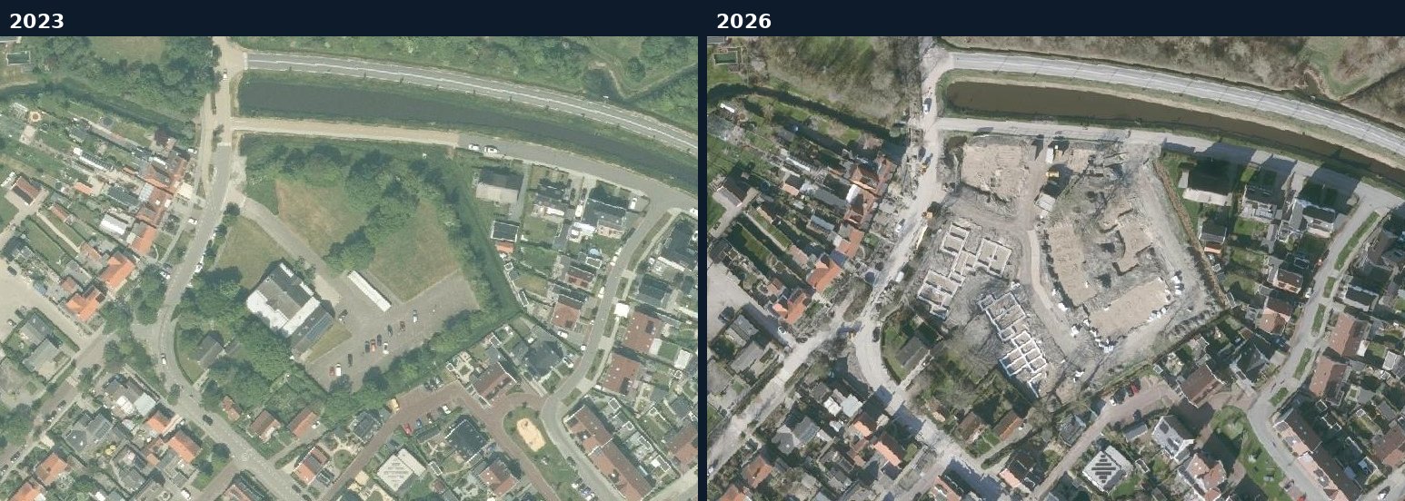 Luchtfoto van een bouwlocatie in Veere in 2023 en 2026