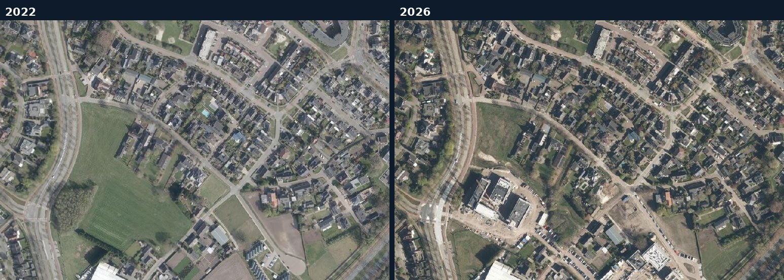 Luchtfoto van een bouwlocatie in Veldhoven in 2022 en 2026