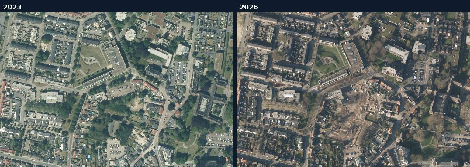 Luchtfoto van een bouwlocatie in Venray in 2023 en 2026