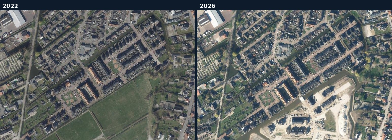 Luchtfoto van een bouwlocatie in Vijfheerenlanden in 2022 en 2026