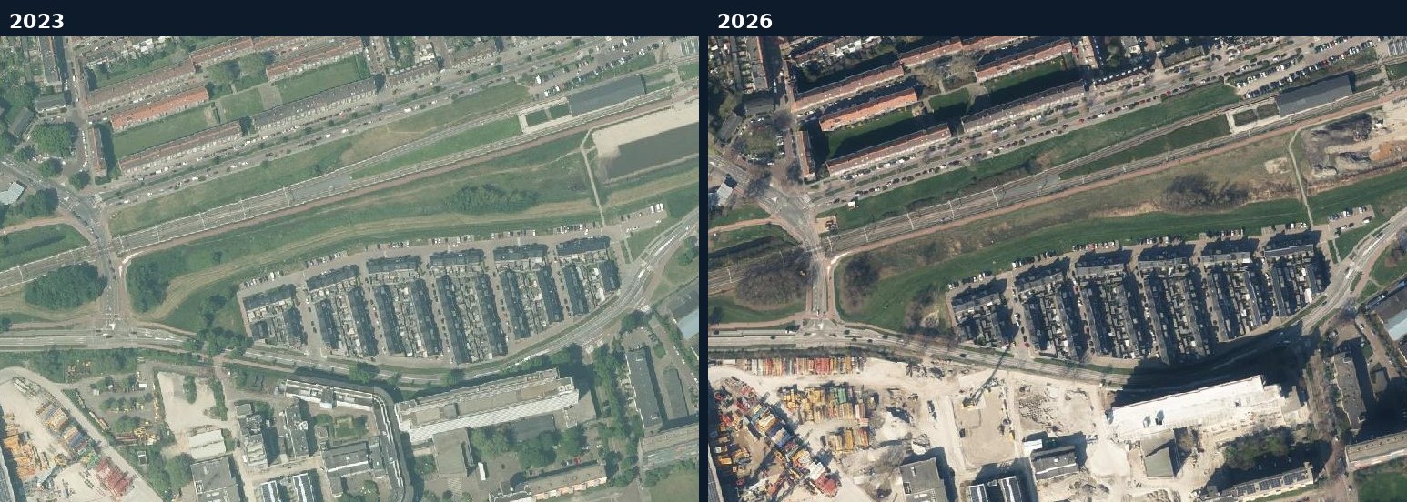 Luchtfoto van een bouwlocatie in Vlaardingen in 2023 en 2026
