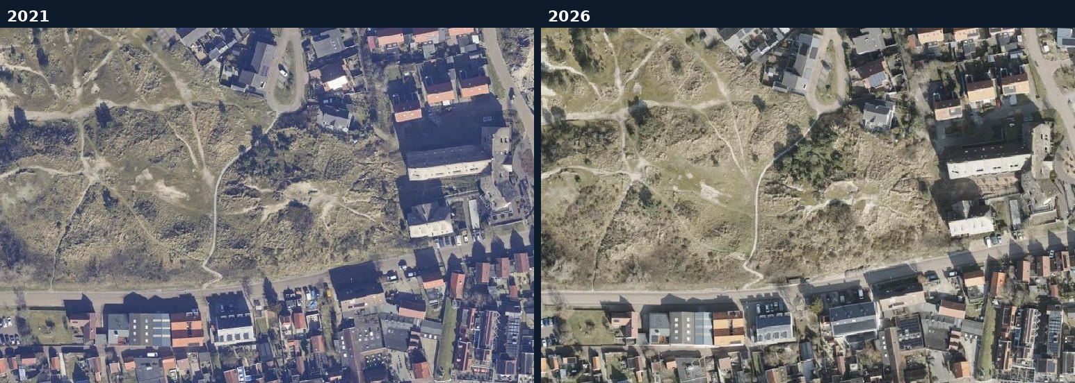 Luchtfoto van een bouwlocatie in Vlieland in 2021 en 2026