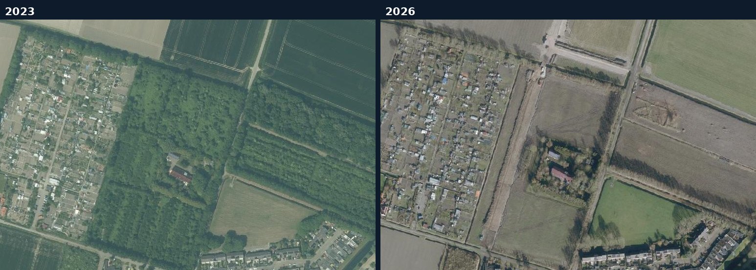 Luchtfoto van een bouwlocatie in Voorne aan Zee in 2023 en 2026