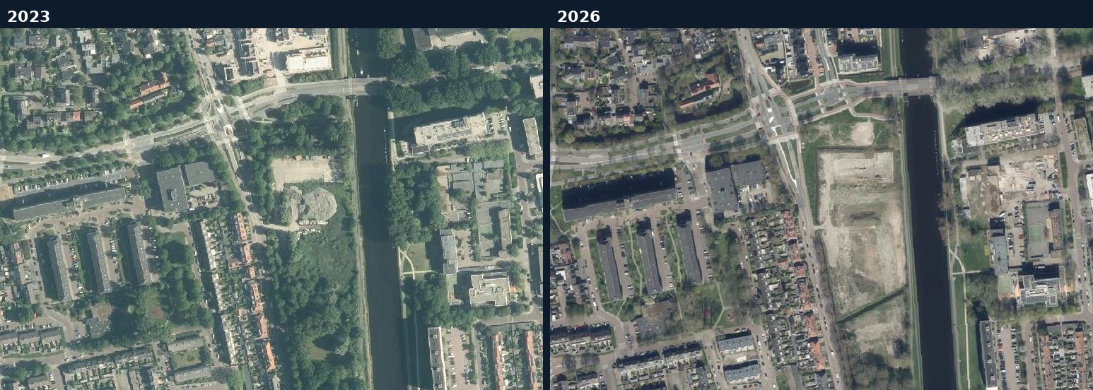 Luchtfoto van een bouwlocatie in Voorschoten in 2023 en 2026