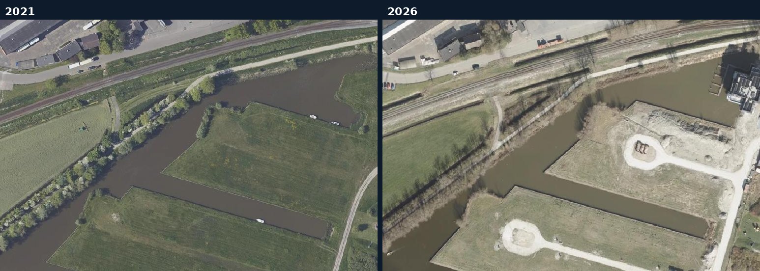 Luchtfoto van een bouwlocatie in Waadhoeke in 2021 en 2026