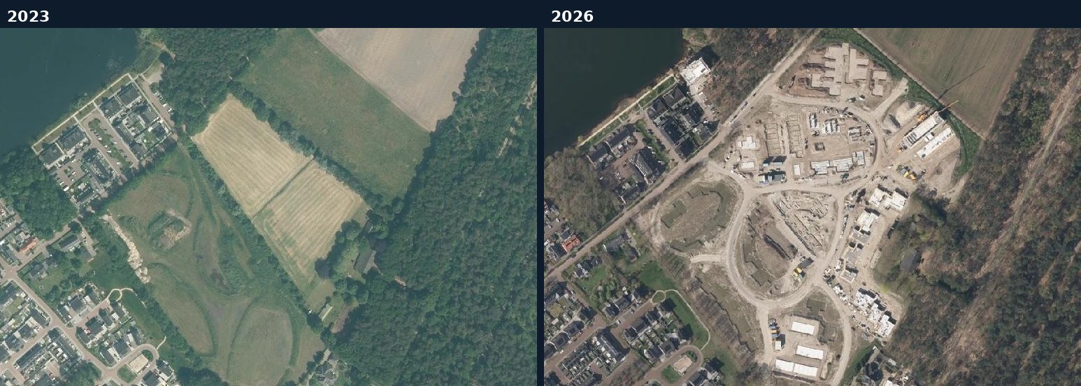 Luchtfoto van een bouwlocatie in Waalre in 2023 en 2026