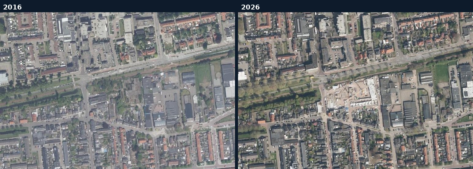 Luchtfoto van een bouwlocatie in Waalwijk in 2016 en 2026