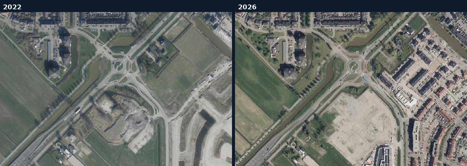 Luchtfoto van een bouwlocatie in Waddinxveen in 2022 en 2026