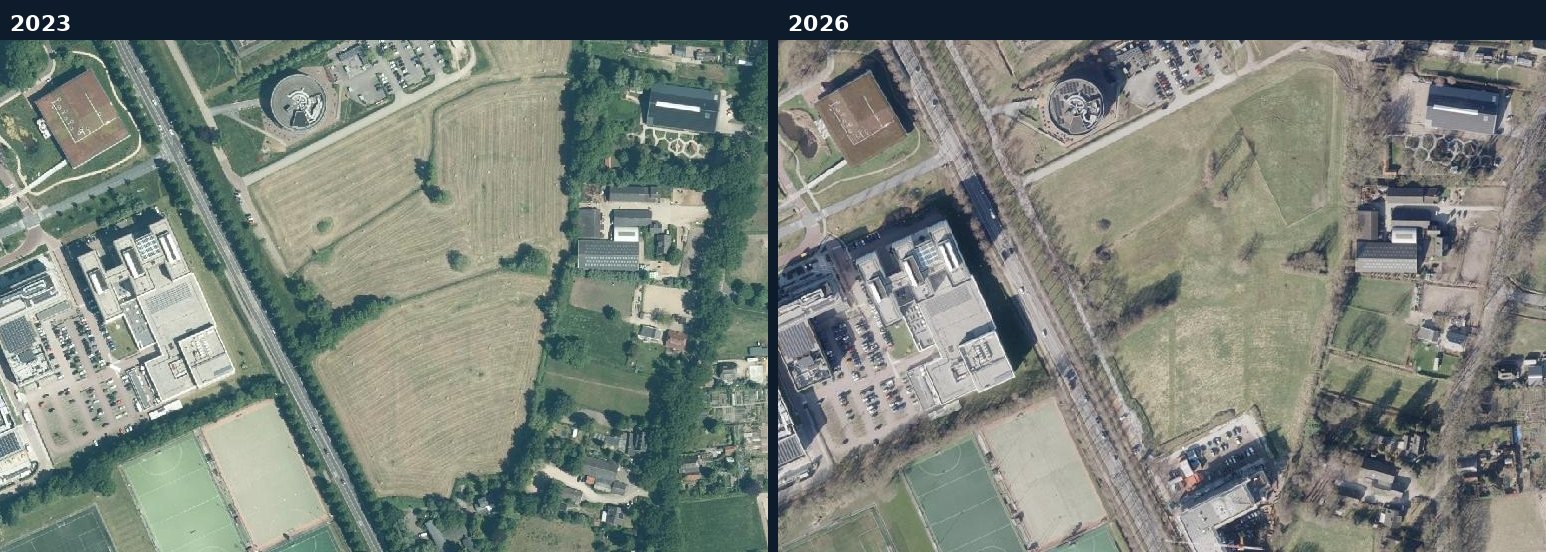Luchtfoto van een bouwlocatie in Wageningen in 2023 en 2026