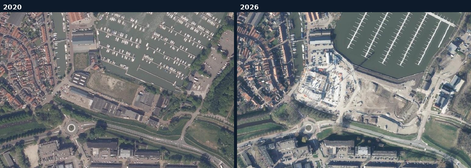 Luchtfoto van een bouwlocatie in Waterland in 2020 en 2026