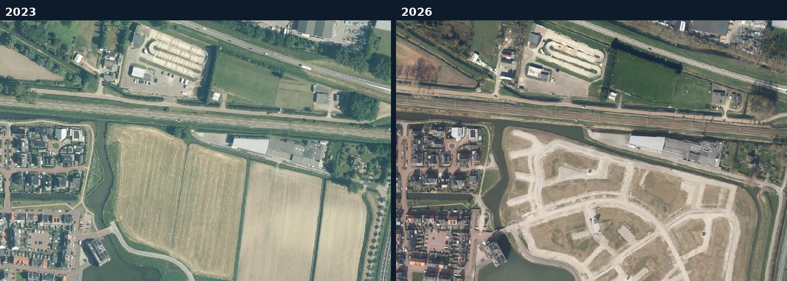 Luchtfoto van een bouwlocatie in West Betuwe in 2023 en 2026