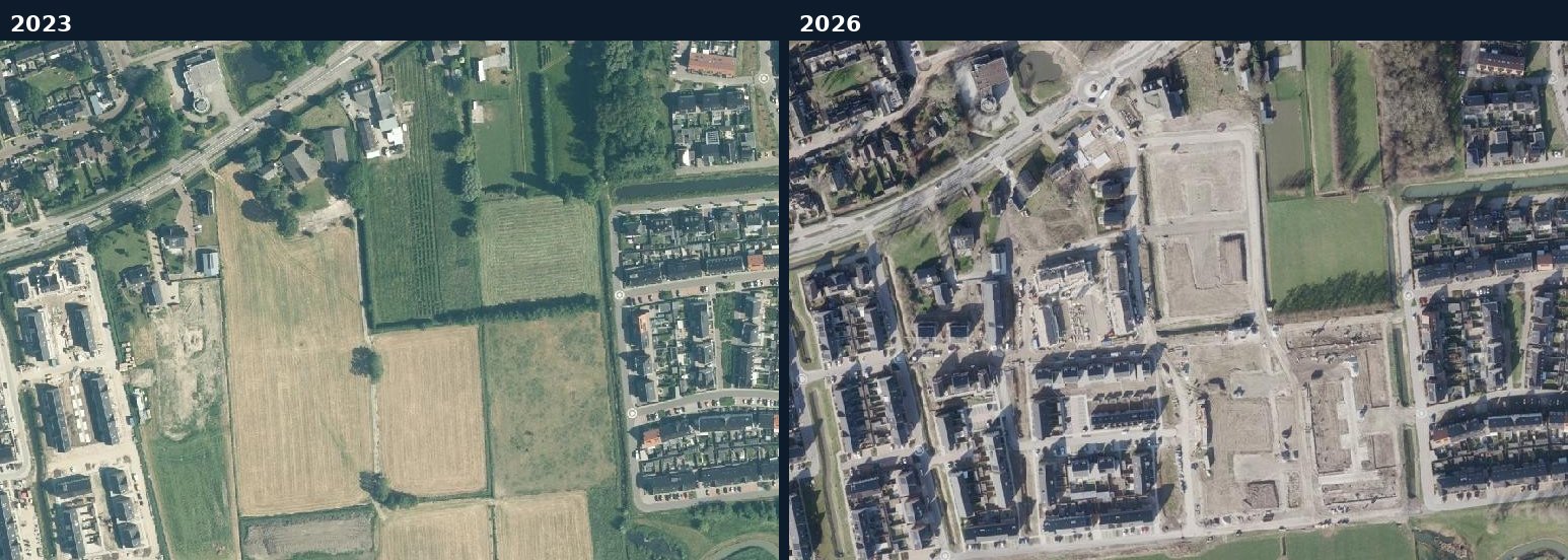 Luchtfoto van een bouwlocatie in West Maas en Waal in 2023 en 2026