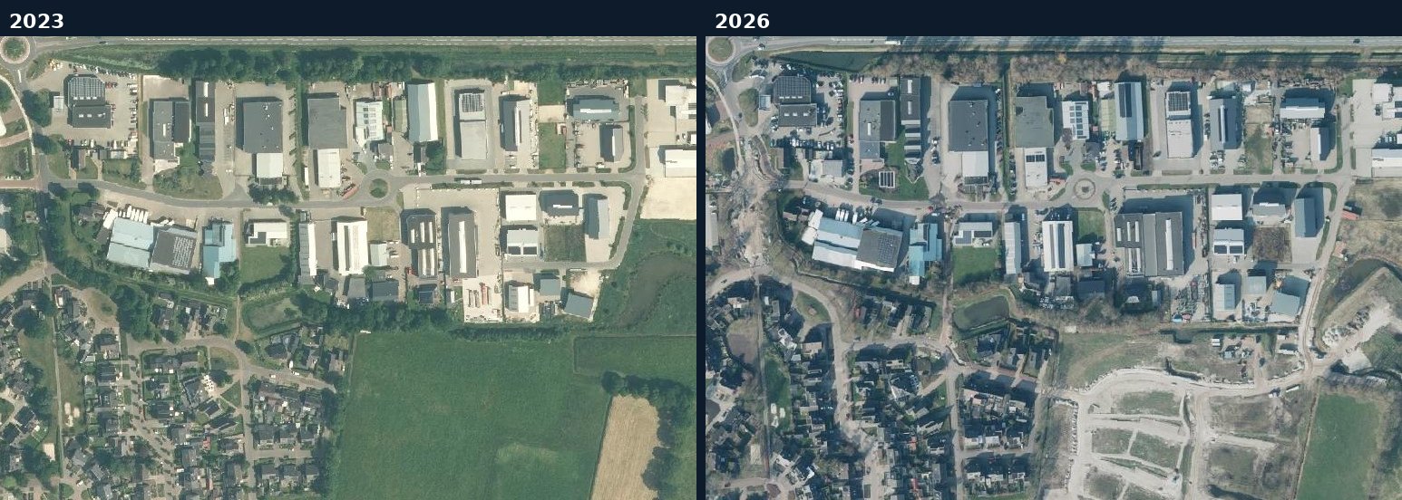 Luchtfoto van een bouwlocatie in Westerveld in 2023 en 2026