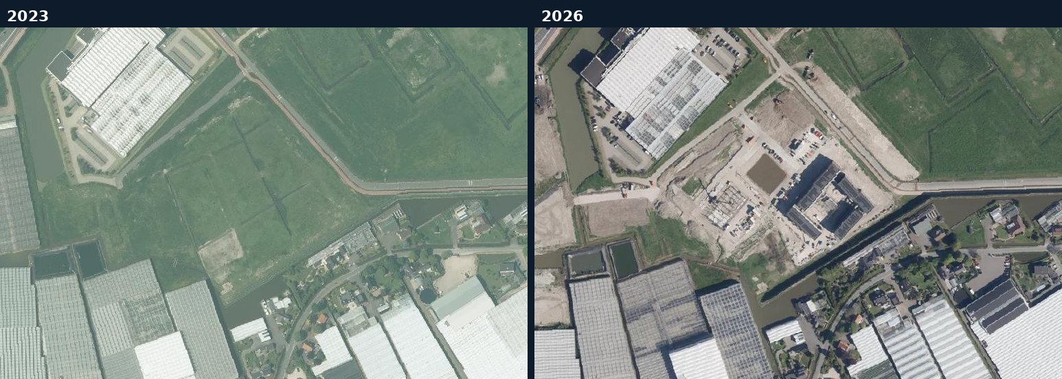 Luchtfoto van een bouwlocatie in Westland in 2023 en 2026