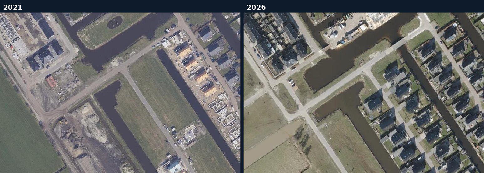 Luchtfoto van een bouwlocatie in Weststellingwerf in 2021 en 2026