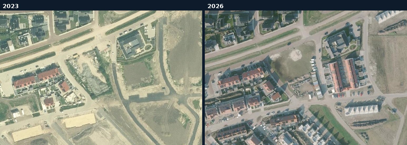 Luchtfoto van een bouwlocatie in Wierden in 2023 en 2026