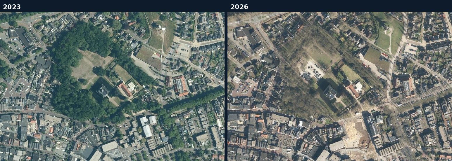 Luchtfoto van een bouwlocatie in Wijchen in 2023 en 2026