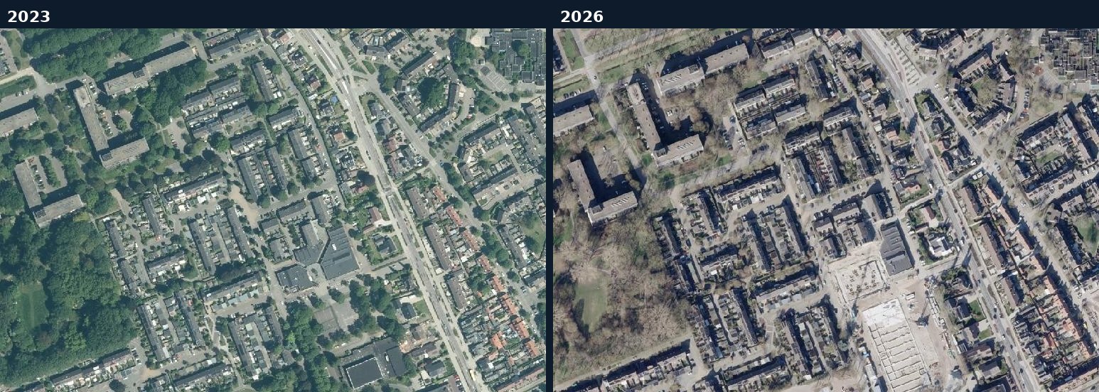 Luchtfoto van een bouwlocatie in Wijk bij Duurstede in 2023 en 2026