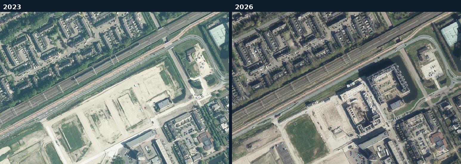 Luchtfoto van een bouwlocatie in Woerden in 2023 en 2026