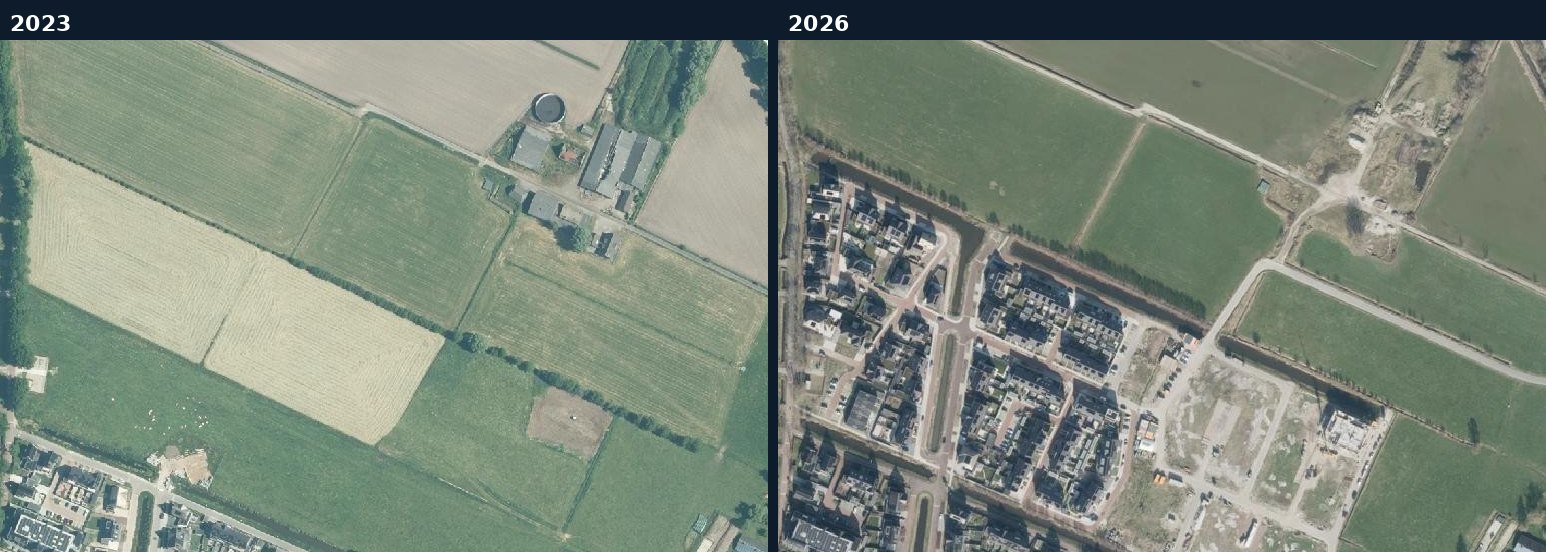 Luchtfoto van een bouwlocatie in Woudenberg in 2023 en 2026