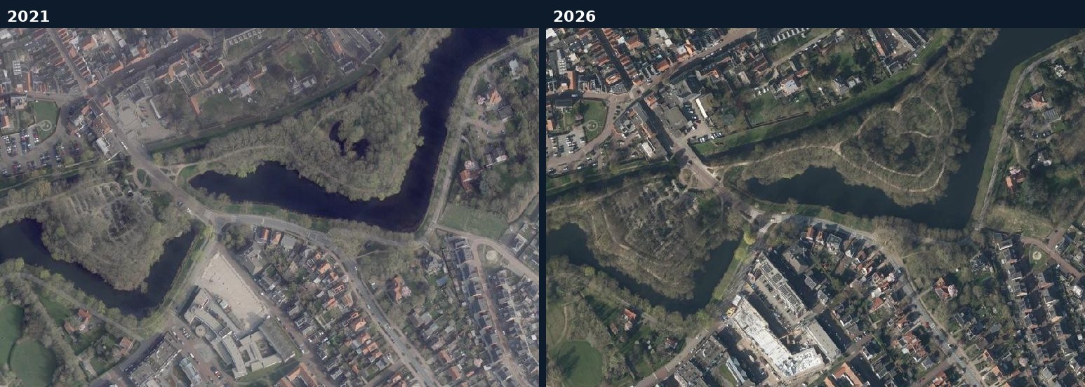 Luchtfoto van een bouwlocatie in Zaltbommel in 2021 en 2026