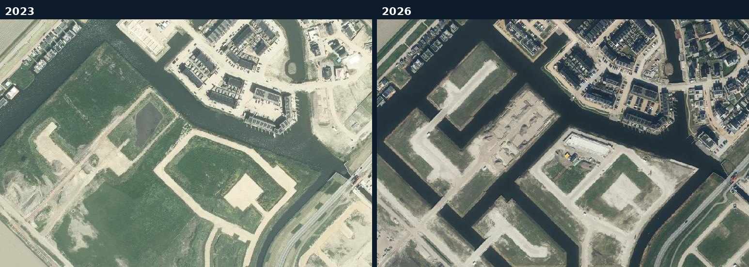 Luchtfoto van een bouwlocatie in Zeewolde in 2023 en 2026