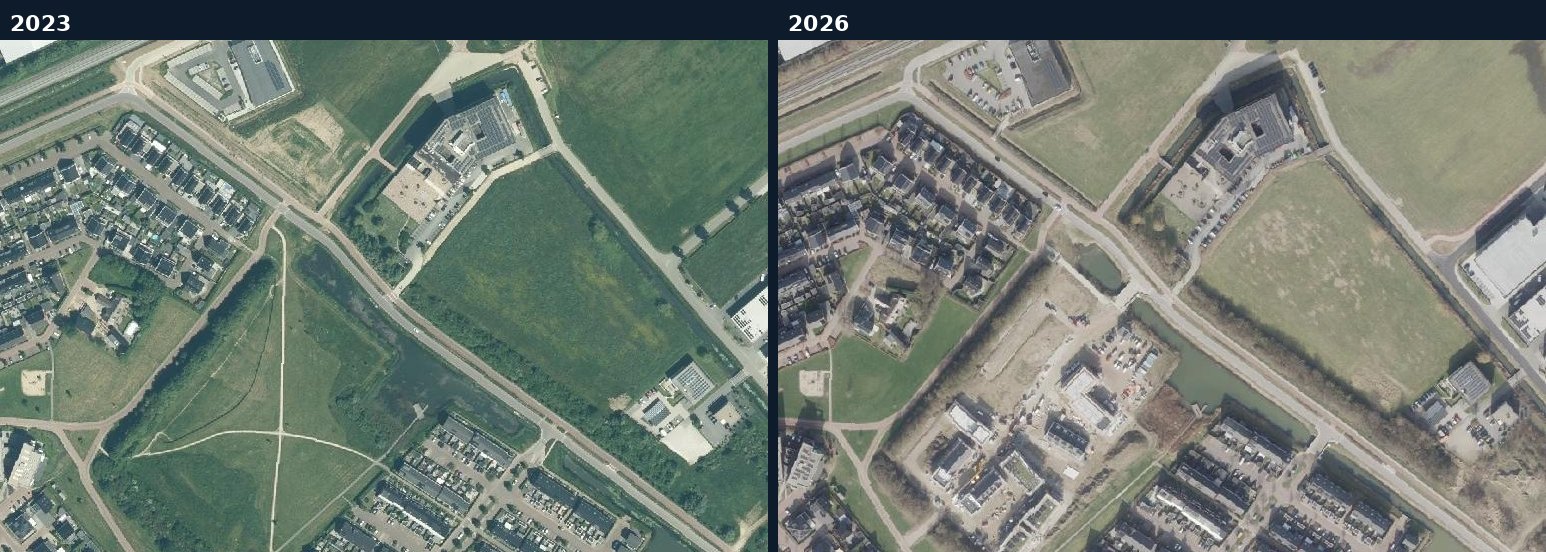 Luchtfoto van een bouwlocatie in Zevenaar in 2023 en 2026