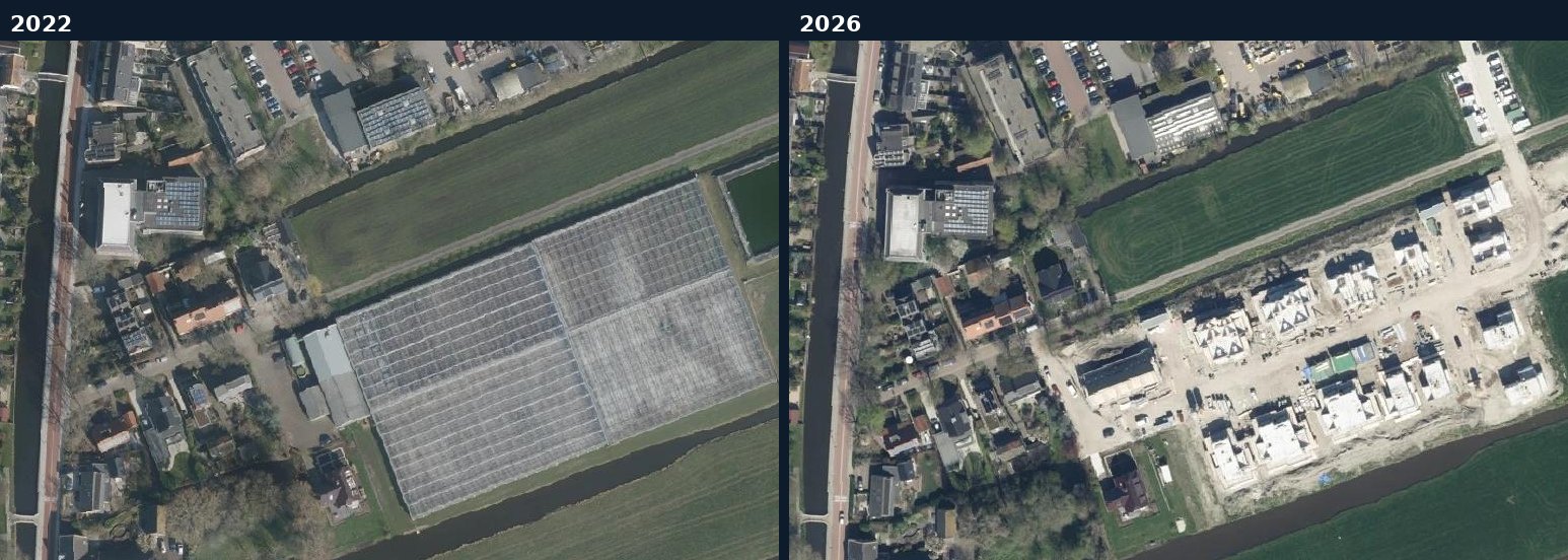 Luchtfoto van een bouwlocatie in Zoeterwoude in 2022 en 2026